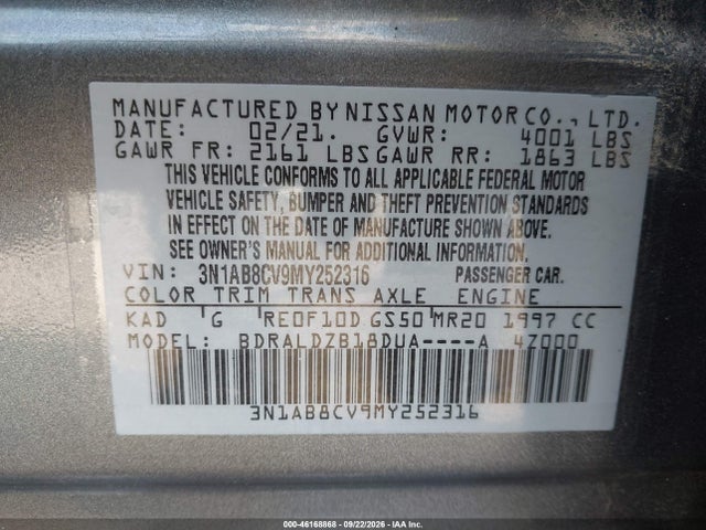 2021 Nissan Sentra Sv Xtronic Cvt მანქანა იყიდება აუქციონზე, vin: 3N1AB8CV9MY252316, აუქციონის ნომერი: 46168868
