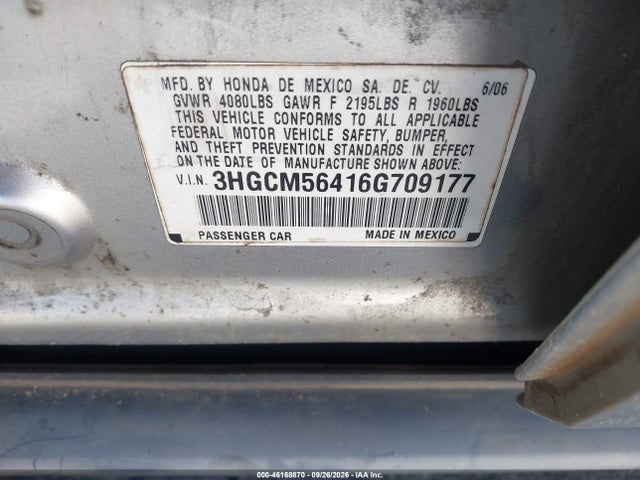 Продажа на аукционе авто 2006 Honda Accord 2.4 Lx, vin: 3HGCM56416G709177, номер лота: 46168870