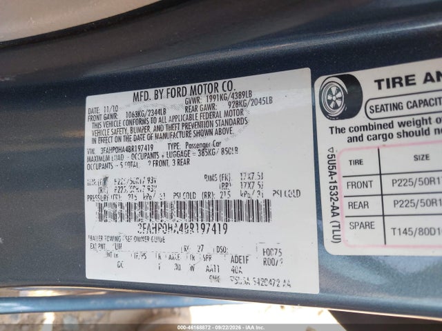 2011 Ford Fusion Se მანქანა იყიდება აუქციონზე, vin: 3FAHP0HA4BR197419, აუქციონის ნომერი: 46168872