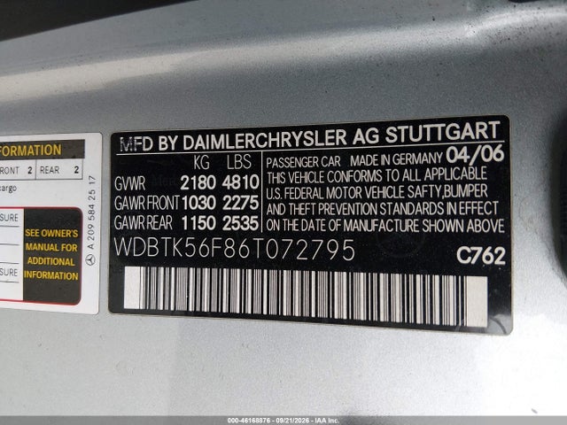2006 Mercedes-benz Clk 350 მანქანა იყიდება აუქციონზე, vin: WDBTK56F86T072795, აუქციონის ნომერი: 46168876