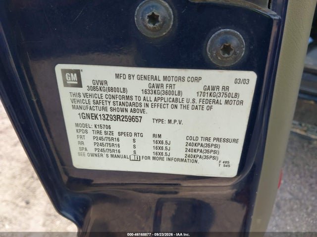 2003 Chevrolet Tahoe Ls მანქანა იყიდება აუქციონზე, vin: 1GNEK13Z93R259657, აუქციონის ნომერი: 46168877