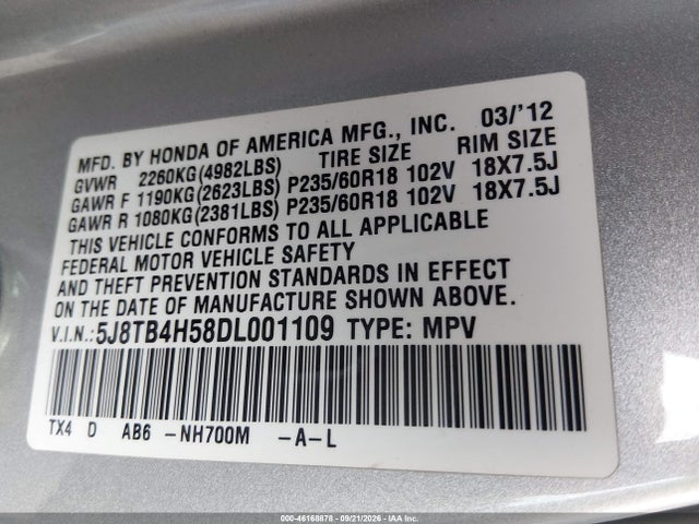 Продажа на аукционе авто 2013 Acura Rdx, vin: 5J8TB4H58DL001109, номер лота: 46168878