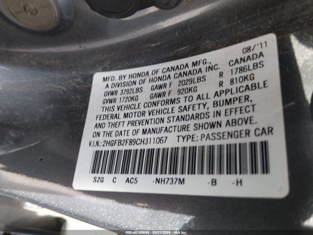 Продаж на аукціоні авто 2012 Honda Civic Ex, vin: 2HGFB2F89CH311067, номер лоту: 46168896