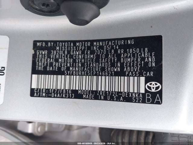 46168909 :رقم المزاد ، 5YFBURHE5EP146621 vin ، 2014 Toyota Corolla Le Plus مزاد بيع