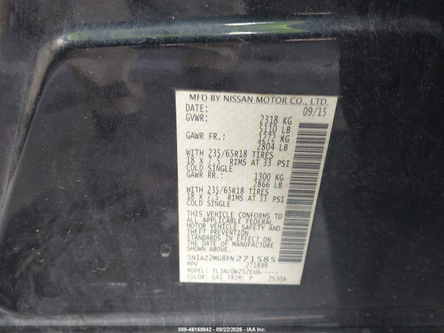 2015 Nissan Murano Sv მანქანა იყიდება აუქციონზე, vin: 5N1AZ2MG8FN271585, აუქციონის ნომერი: 46168942