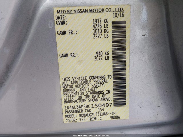 Продажа на аукционе авто 2017 Nissan Altima 2.5 S, vin: 1N4AL3AP3HC150497, номер лота: 46168947