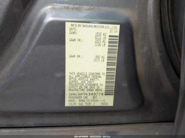 2015 Nissan Altima 2.5 Sl მანქანა იყიდება აუქციონზე, vin: 1N4AL3AP7FN349778, აუქციონის ნომერი: 46168965