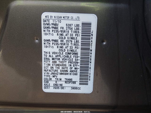 Продажа на аукционе авто 2011 Nissan Murano Sl, vin: JN8AZ1MW8BW161098, номер лота: 46168983
