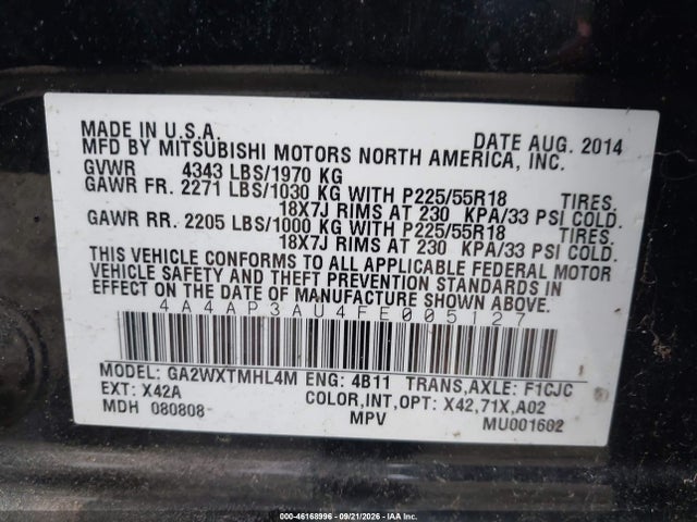 Aukcja sprzedaży 2015 Mitsubishi Outlander Sport Es, vin: 4A4AP3AU4FE005127, numer aukcji: 46168996
