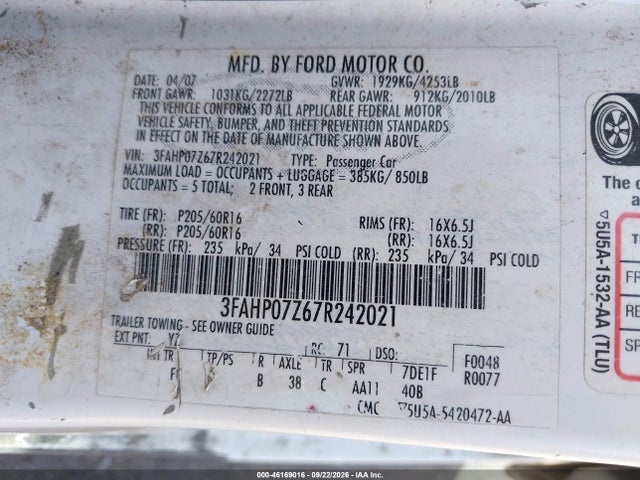 Продажа на аукционе авто 2007 Ford Fusion Se, vin: 3FAHP07Z67R242021, номер лота: 46169016