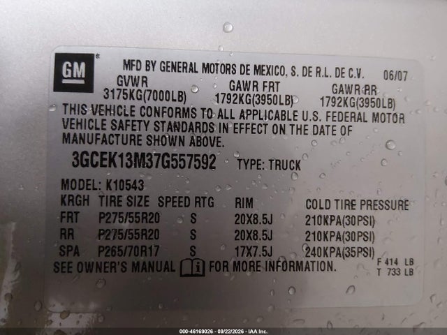 46169026 :رقم المزاد ، 3GCEK13M37G557592 vin ، 2007 Chevrolet Silverado 1500 Ltz مزاد بيع