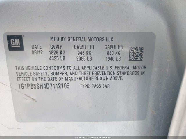 Продаж на аукціоні авто 2013 Chevrolet Cruze Ls Manual, vin: 1G1PB5SH4D7112105, номер лоту: 46169027