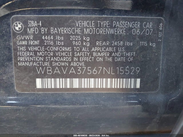 46169030 :رقم المزاد ، WBAVA37567NL15529 vin ، 2007 Bmw 328i مزاد بيع