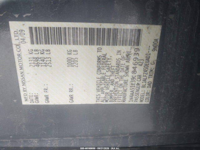 Aukcja sprzedaży 2009 Nissan Maxima 3.5 Sv, vin: 1N4AA51E39C846939, numer aukcji: 46169058