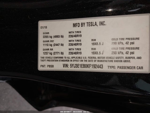 Продажа на аукционе авто 2019 Tesla Model 3 Long Range/performance, vin: 5YJ3E1EB0KF192443, номер лота: 46169077