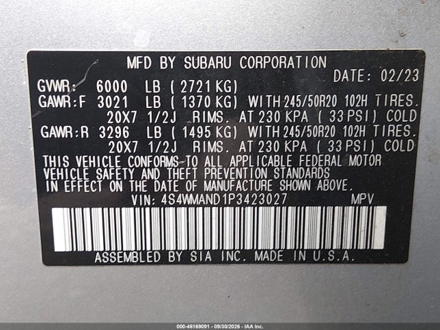 Продажа на аукционе авто 2023 Subaru Ascent Limited 8-passenger, vin: 4S4WMAND1P3423027, номер лота: 46169091