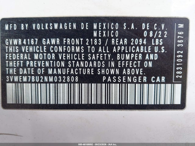 46169092 :رقم المزاد ، 3VWEM7BU2NM032808 vin ، 2022 Volkswagen Jetta 1.5t Se مزاد بيع