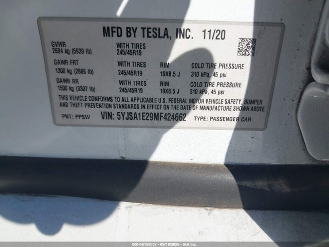 5YJSA1E29MF424662 Tesla Model S Long Range Dual Motor All-wheel Drive/long Range Plus Dual Motor All-wheel Drive