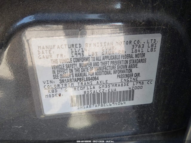 46169096 :رقم المزاد ، 3N1AB7AP8EL694064 vin ، 2014 Nissan Sentra S مزاد بيع