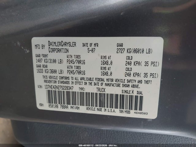 Aukcja sprzedaży 2007 Dodge Dakota Slt, vin: 1D7HE42N27S228347, numer aukcji: 46169112