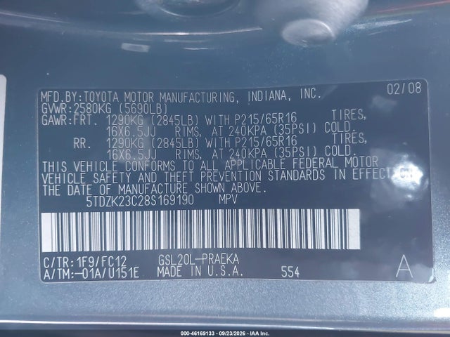46169133 :رقم المزاد ، 5TDZK23C28S169190 vin ، 2008 Toyota Sienna Le مزاد بيع