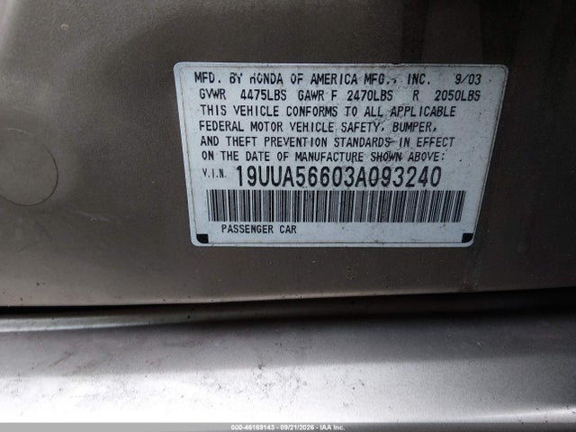 Продаж на аукціоні авто 2003 Acura Tl 3.2, vin: 19UUA56603A093240, номер лоту: 46169143