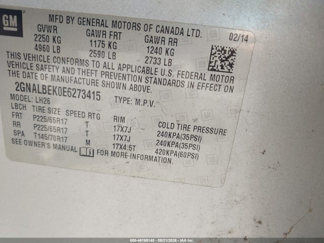 46169145 :رقم المزاد ، 2GNALBEK0E6273415 vin ، 2014 Chevrolet Equinox 1lt مزاد بيع