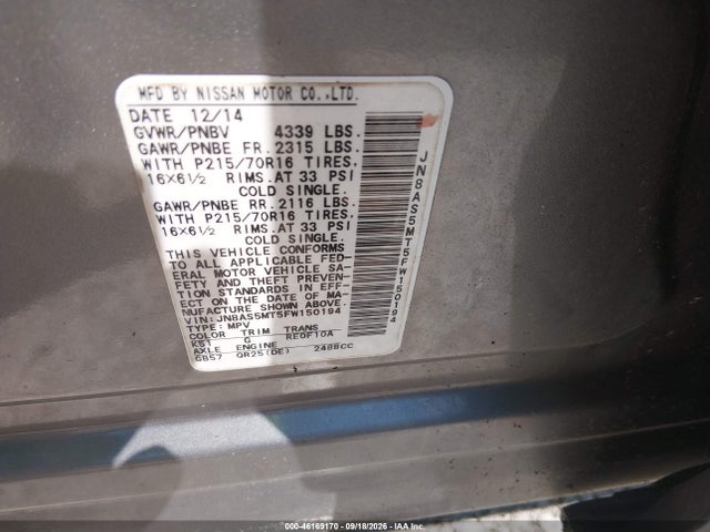46169170 :رقم المزاد ، JN8AS5MT5FW150194 vin ، 2015 Nissan Rogue Select S مزاد بيع