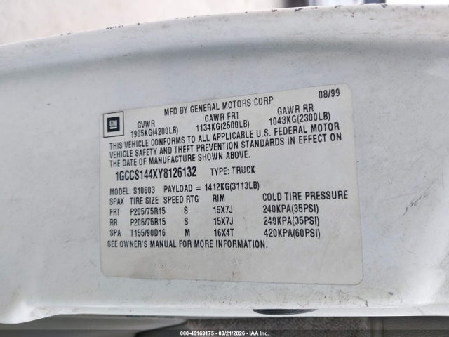 2000 Chevrolet S-10 Ls მანქანა იყიდება აუქციონზე, vin: 1GCCS144XY8126132, აუქციონის ნომერი: 46169175