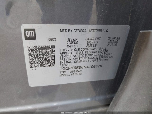 46169183 :رقم المزاد ، 1G1FY6S06N4106478 vin ، 2022 Chevrolet Bolt Euv Lt مزاد بيع