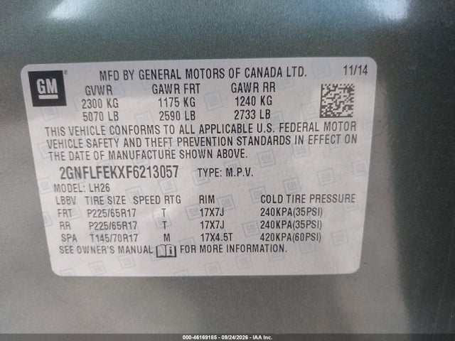 Aukcja sprzedaży 2015 Chevrolet Equinox 1lt, vin: 2GNFLFEKXF6213057, numer aukcji: 46169185