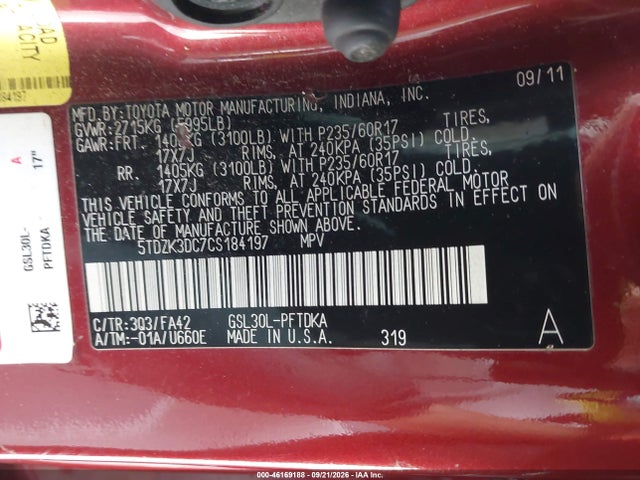 Aukcja sprzedaży 2012 Toyota Sienna Base V6 7 Passenger, vin: 5TDZK3DC7CS184197, numer aukcji: 46169188