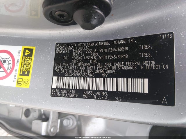 46169190 :رقم المزاد ، 5TDJKRFH5GS507046 vin ، 2016 Toyota Highlander Xle V6 مزاد بيع