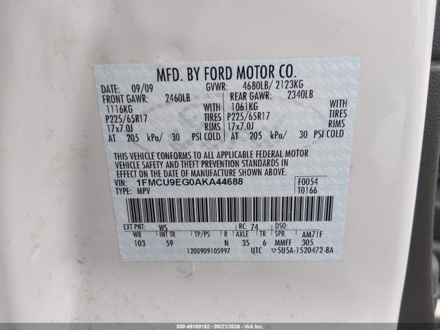 Aukcja sprzedaży 2010 Ford Escape Limited, vin: 1FMCU9EG0AKA44688, numer aukcji: 46169192