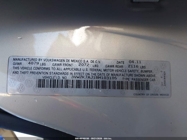 46169195 :رقم المزاد ، 3VW2K7AJ1BM103105 vin ، 2011 Volkswagen Jetta 2.0l S مزاد بيع