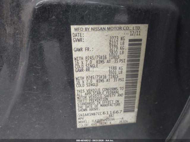 46169212 :رقم المزاد ، 5N1AR1NB7CC611667 vin ، 2012 Nissan Pathfinder S مزاد بيع