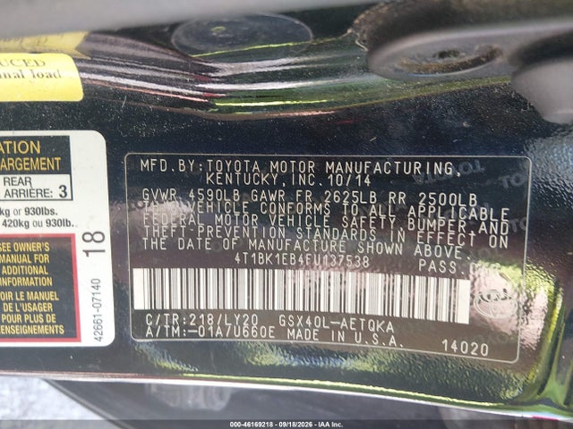 46169218 :رقم المزاد ، 4T1BK1EB4FU137538 vin ، 2015 Toyota Avalon Xle Touring Se مزاد بيع