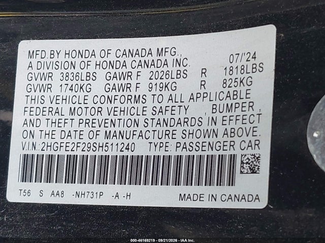 46169219 :رقم المزاد ، 2HGFE2F29SH511240 vin ، 2025 Honda Civic Lx مزاد بيع