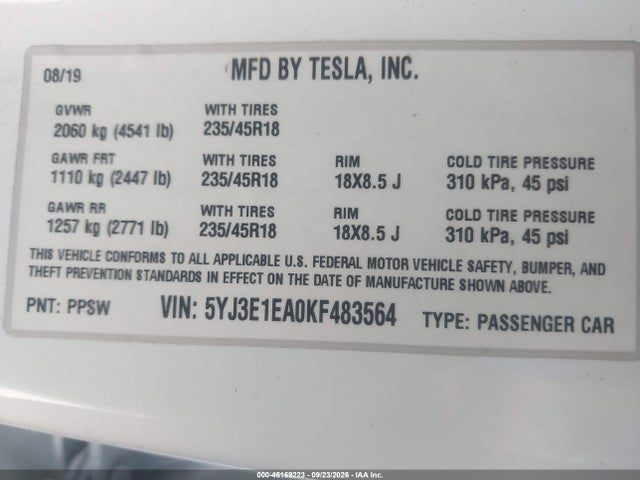 2019 Tesla Model 3 Long Range/mid Range/standard Range/standard Range Plus მანქანა იყიდება აუქციონზე, vin: 5YJ3E1EA0KF483564, აუქციონის ნომერი: 46169223