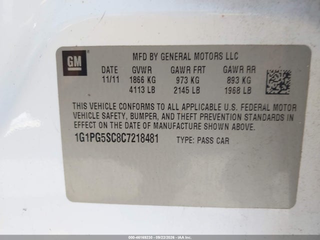 46169230 :رقم المزاد ، 1G1PG5SC8C7218481 vin ، 2012 Chevrolet Cruze 2lt مزاد بيع