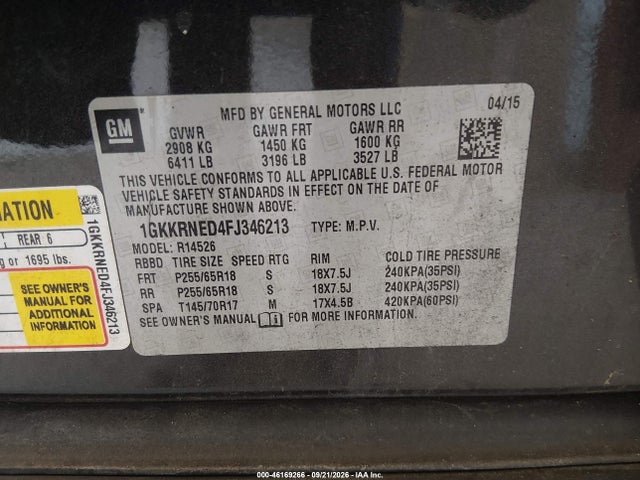 46169266 :رقم المزاد ، 1GKKRNED4FJ346213 vin ، 2015 Gmc Acadia Sle-1 مزاد بيع