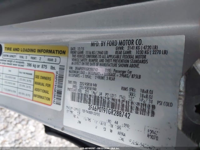 2016 Ford Fusion Se მანქანა იყიდება აუქციონზე, vin: 3FA6P0T91GR288742, აუქციონის ნომერი: 46169267