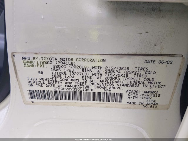 Aukcja sprzedaży 2003 Toyota Rav4, vin: JTEGH20V330113536, numer aukcji: 46169268