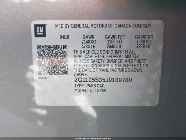 2018 Chevrolet Impala 1lt მანქანა იყიდება აუქციონზე, vin: 2G1105S35J9169780, აუქციონის ნომერი: 46169276