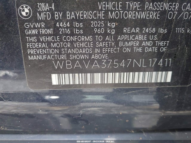 Продаж на аукціоні авто 2007 Bmw 328i, vin: WBAVA37547NL17411, номер лоту: 46169287