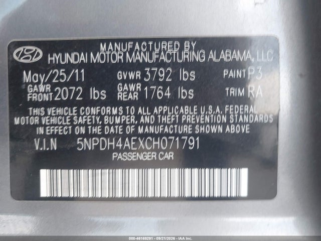46169291 :رقم المزاد ، 5NPDH4AEXCH071791 vin ، 2012 Hyundai Elantra Gls مزاد بيع