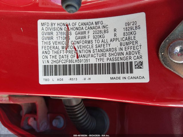 2020 Honda Civic Sport მანქანა იყიდება აუქციონზე, vin: 2HGFC2F86LH591351, აუქციონის ნომერი: 46169294