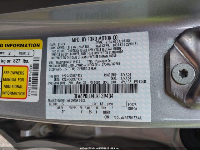 46169304 :رقم المزاد ، 3FA6P0LU4LR139434 vin ، 2020 Ford Fusion Se مزاد بيع