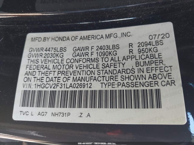 2020 Honda Accord Sport 2.0t მანქანა იყიდება აუქციონზე, vin: 1HGCV2F31LA026912, აუქციონის ნომერი: 46169307