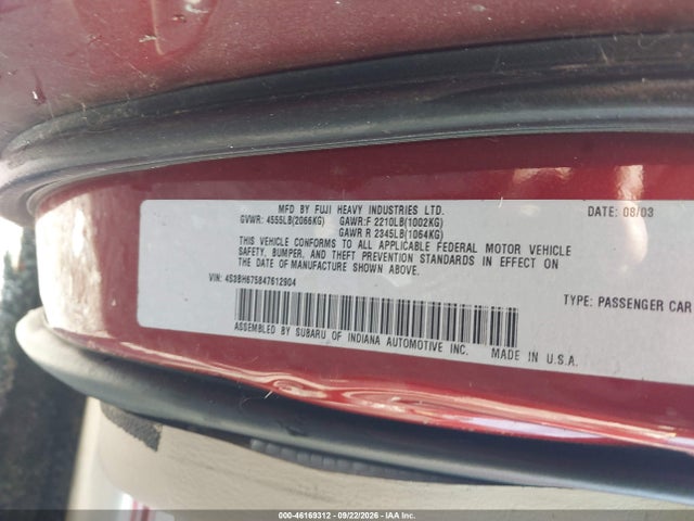 Продаж на аукціоні авто 2004 Subaru Outback, vin: 4S3BH675847612904, номер лоту: 46169312
